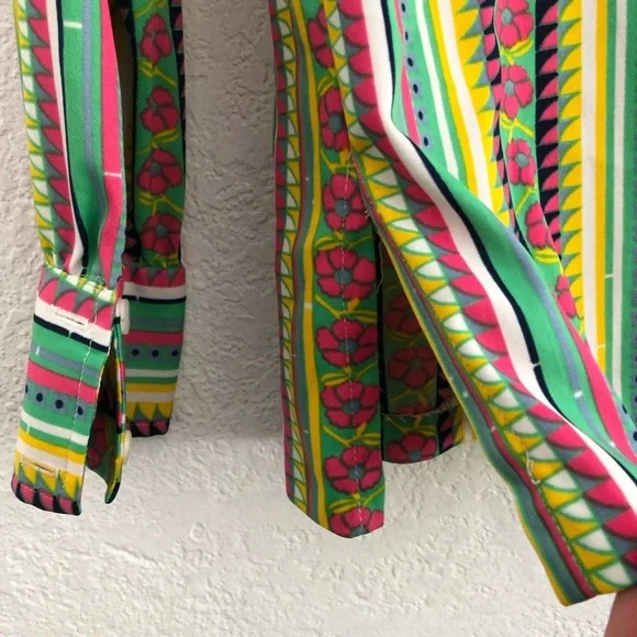 Vintage 70s Psychedelic Floral Dagger Collar Nylon Disco Shirt Blouse Top Medium - Picture 11 of 15